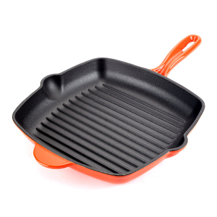 Enameled Cast Iron Grill Pan &ndash; Square Steak Skillet with Drip Spouts
