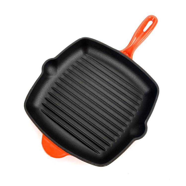 Enameled Cast Iron Grill Pan &ndash; Square Steak Skillet with Drip Spouts