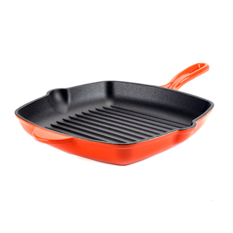 Enameled Cast Iron Grill Pan &ndash; Square Steak Skillet with Drip Spouts