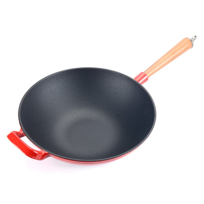 Enameled Cast Iron Wok with Wooden Handle