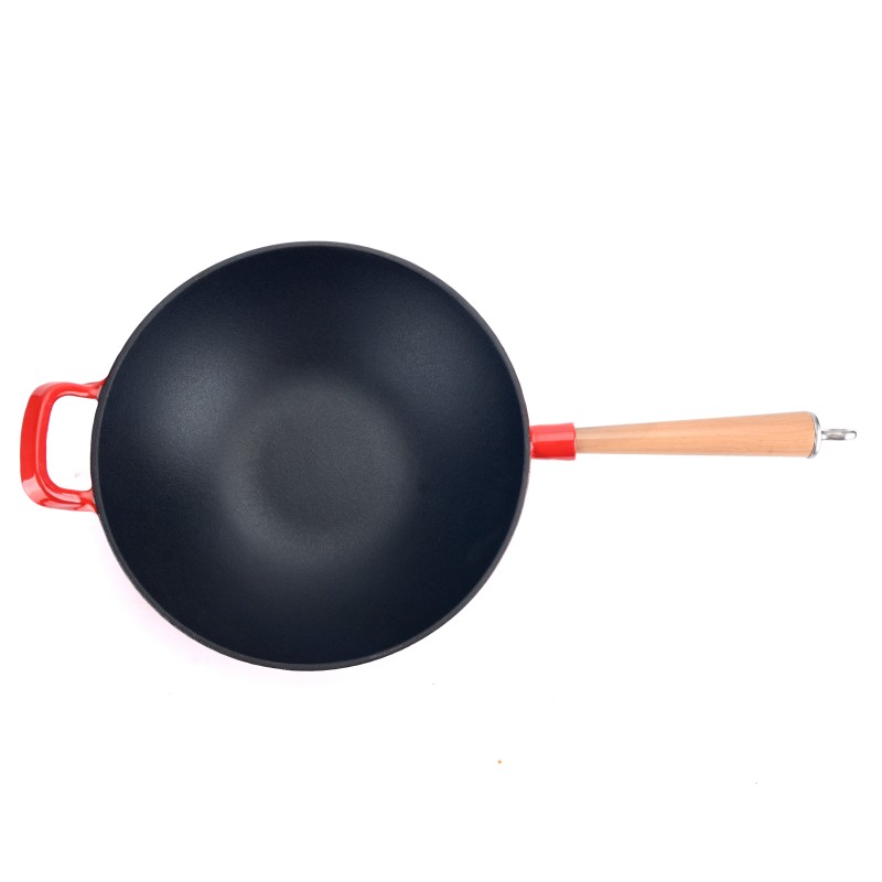 Enameled Cast Iron Wok with Wooden Handle