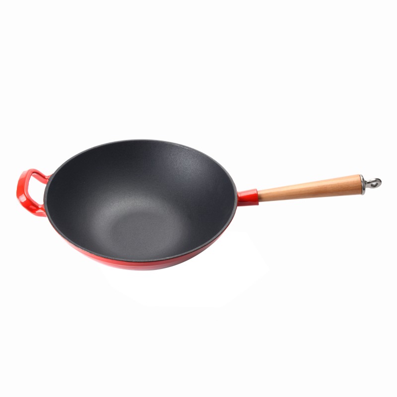 Enameled Cast Iron Wok with Wooden Handle