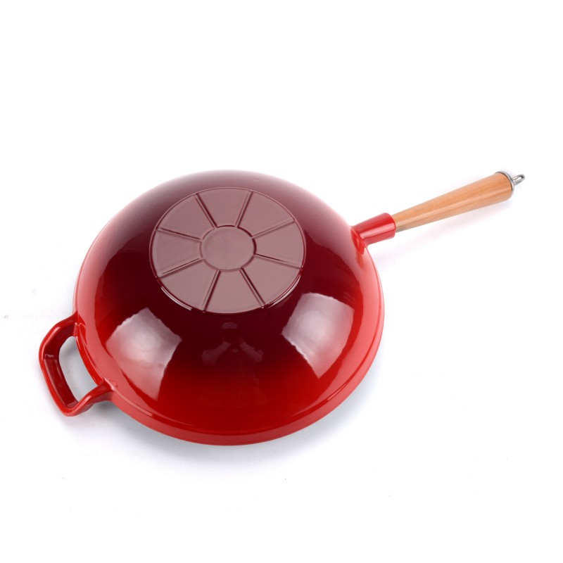 Enameled Cast Iron Wok with Wooden Handle