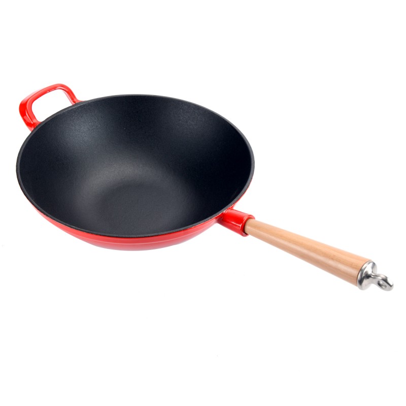 Enameled Cast Iron Wok with Wooden Handle