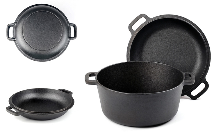 Custom Cast Iron Double Dutch Oven 2-in-1 Pre-Seasoned Cookware