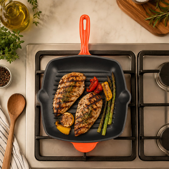 Enameled Cast Iron Grill Pan &ndash; Square Steak Skillet with Drip Spouts