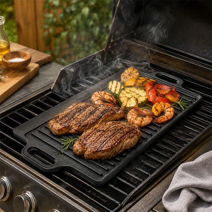 Cast Iron Reversible Griddle Pre-Seasoned Dual-Sided Double Burner Pan