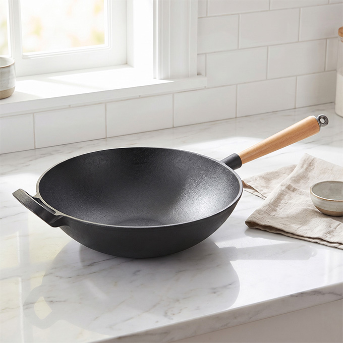 Heavy cast iron Chinese wok with detachable wooden handle, thick flat-bottomed cast iron frying pan