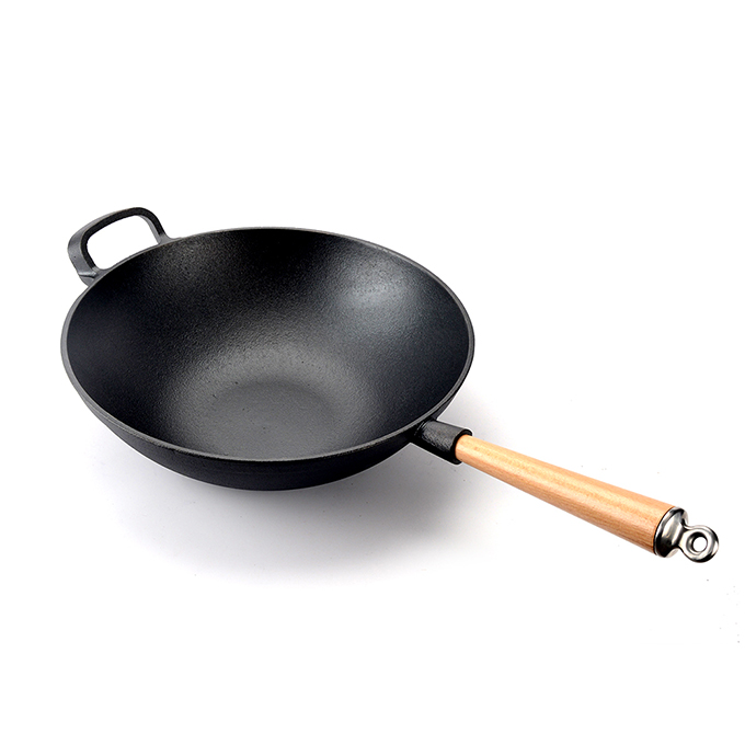 Heavy cast iron Chinese wok with detachable wooden handle, thick flat-bottomed cast iron frying pan