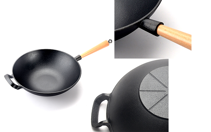 Heavy cast iron Chinese wok with detachable wooden handle