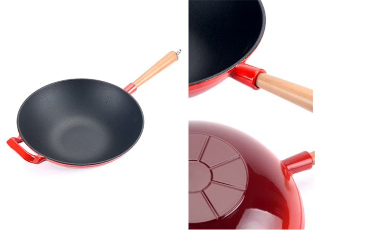 Enameled Cast Iron Wok with Wooden Handle