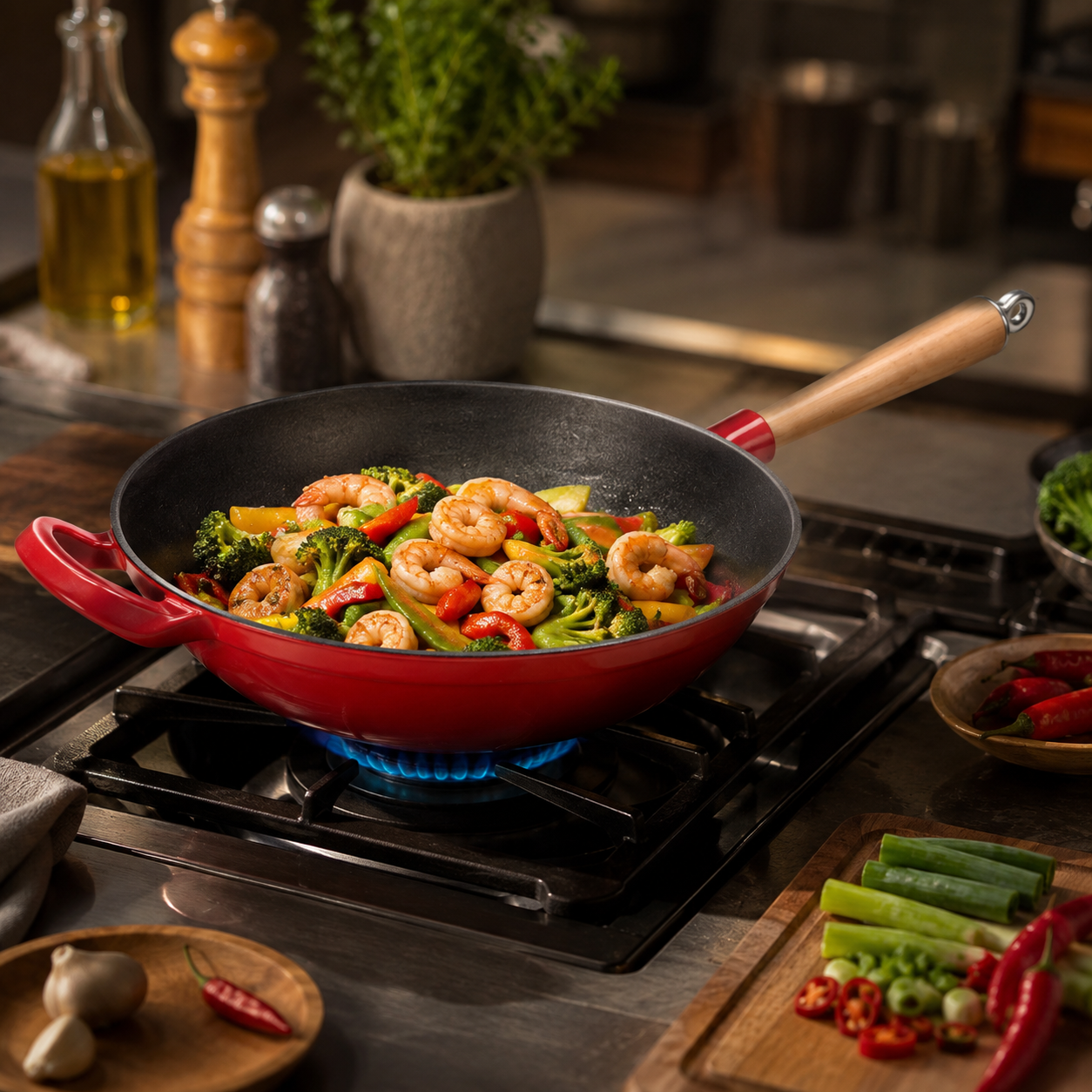 Enameled Cast Iron Wok with Wooden Handle
