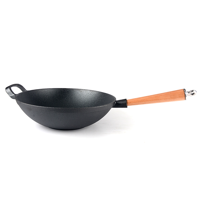 Heavy cast iron Chinese wok with detachable wooden handle, thick flat-bottomed cast iron frying pan