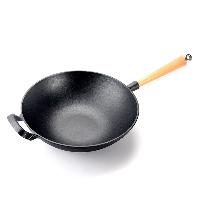 Heavy cast iron Chinese wok with detachable wooden handle, thick flat-bottomed cast iron frying pan
