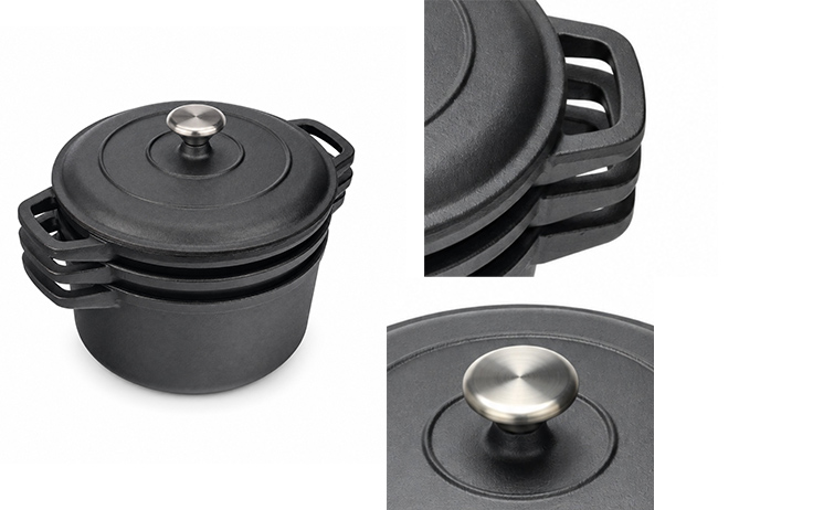 3-Piece Stackable Cast Iron Cookware Set with Lid
